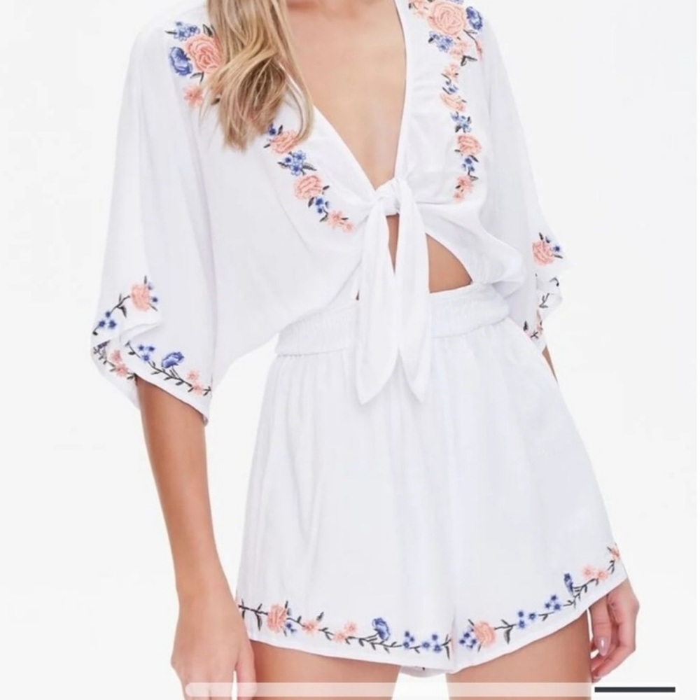 Floral Embroidered Tie-front Romper